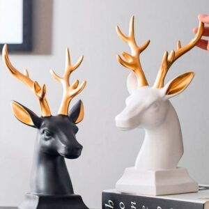 Modern Deer Head Showpiece Set – Black & White Resin Statue with Golden Antlers | Home Decor & Gifting Item