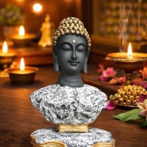 Modern black Buddha idol with marble texture base for home decor and meditation