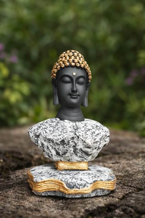 Modern black Buddha idol with marble texture base for home decor and meditation
